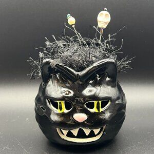 Ceramic Fierce Black Cat Pin Cushion ~ Planter Pot Upcycled ~ Fun!